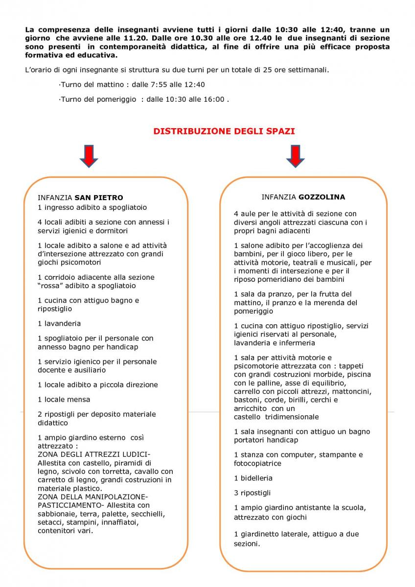 La compresenza delle insegnanti avviene tutti i giorni dalle 10:30 alle 12:40, tranne un giorno  che avviene alle 11.20. Dalle ore 10.30 alle ore 12.40 le  due insegnanti di sezione sono presenti  in contemporaneità didattica, al fine di offrire una più efficace proposta formativa ed educativa. L’orario di ogni insegnante si struttura su due turni per un totale di 25 ore settimanali. ·Turno del mattino : dalle 7:55 alle 12:40 ·Turno del pomeriggio  : dalle 10:30 alle 16:00 .    